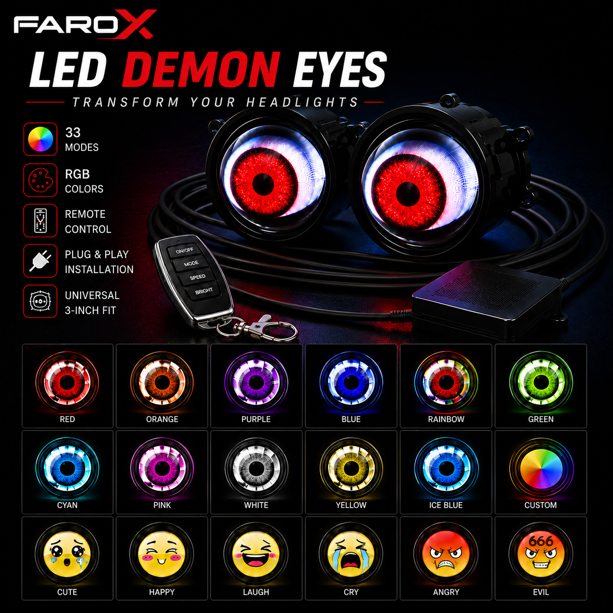 FAROX™ Demon Eyes RGB – Custom LED Headlights 👀🌈